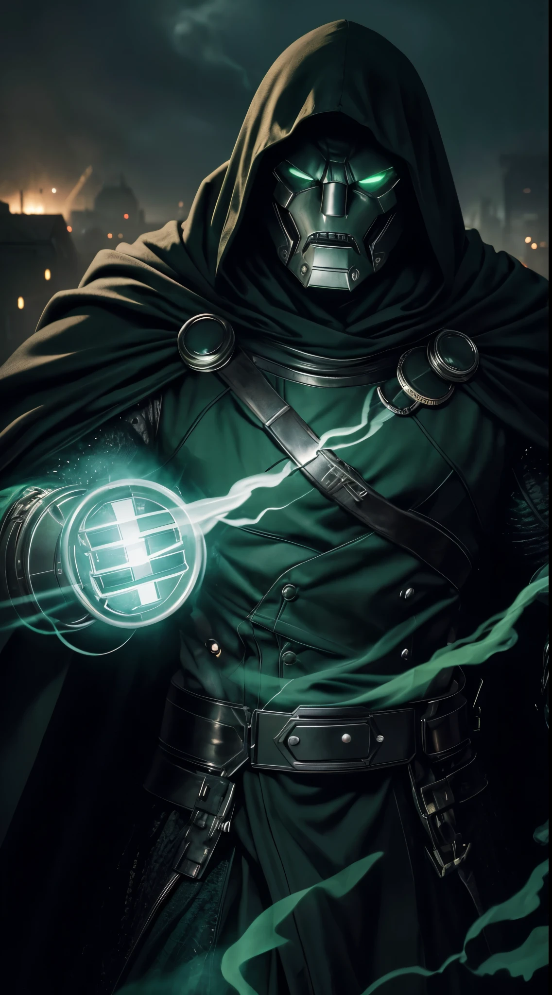 Doctor Doom Marvel, 35mm lens, photography, ultra-detailed, HDR, UHD, 8K, portraits, dark atmosphere, menacing expression, black cloak, iconic metal mask, glowing green eyes, intricate armor, smoke effects, dynamic pose, ruined cityscape, dramatic lighting, intense shadows, vibrant colors