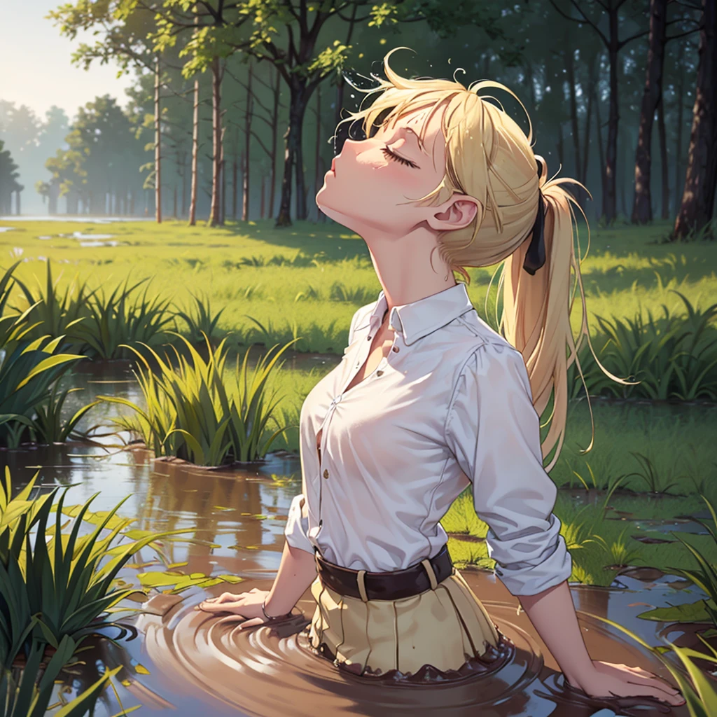 Solo girl, sweet blonde girl, 1 girl, muddy, dirty, ponytail hair, drowning in quicksand, mud, swamp, bog, grass, trees, white blouse, red miniskirt, (orgasm:1.5), (looking up:1.3), (eyes closed:1.4), from the torso up, (from side:1.4)