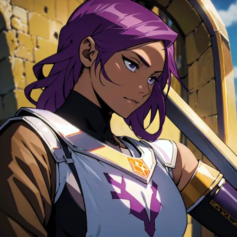 1girl、solo、purple hair、medieval armor、armor with emphasized chest、(brown skin：1.5)、shield and lance