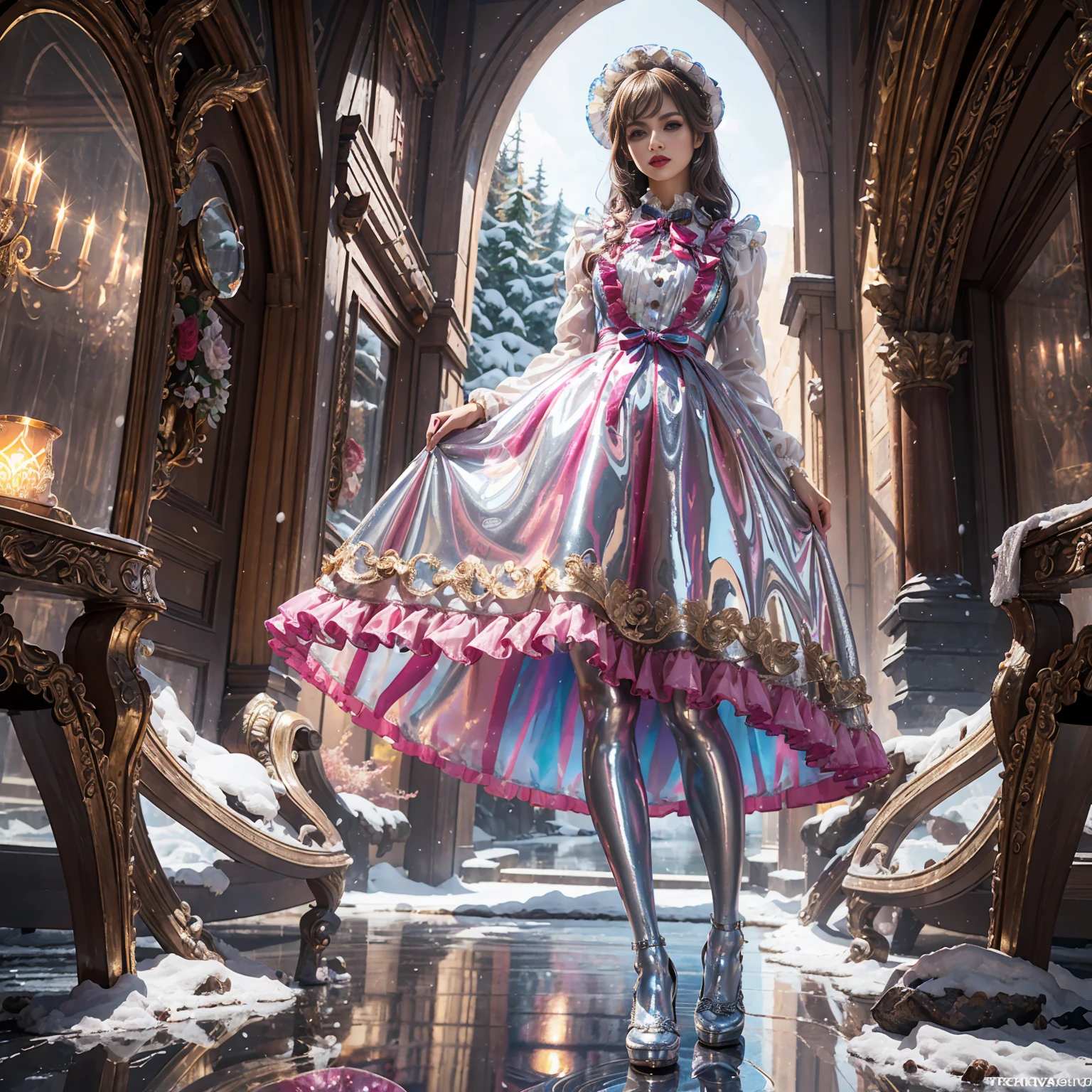 Model figure, long-legged woman, A woman in a luxurious and elaborate lolita dress, wearing lolita mary jane shoes with ornate details, patterned tights, (Glossy Reflecting collection), (Glossy Reflecting collection), (Oily shiny)), (Metallic clothes), (Metallic dress), (Metallic tights):1.2)，standing on a snowy mountain, with reflective skin and reflective clothing, venusbody, full body shot, ray tracing, reflection light, chiaroscuro, UHD, masterpiece, anatomically correct, textured skin, super detail, high quality, 4K, highres