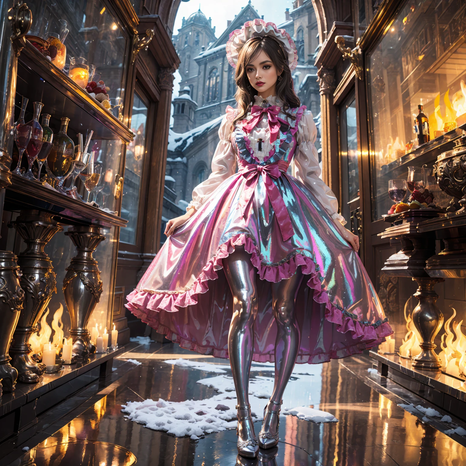 Model figure, long-legged woman, A woman in a luxurious and elaborate lolita dress, wearing lolita mary jane shoes with ornate details, patterned tights, (Glossy Reflecting collection), (Glossy Reflecting collection), (Oily shiny)), (Metallic clothes), (Metallic dress), (Metallic tights):1.2)，standing on a snowy mountain, with reflective skin and reflective clothing, venusbody, full body shot, ray tracing, reflection light, chiaroscuro, UHD, masterpiece, anatomically correct, textured skin, super detail, high quality, 4K, highres