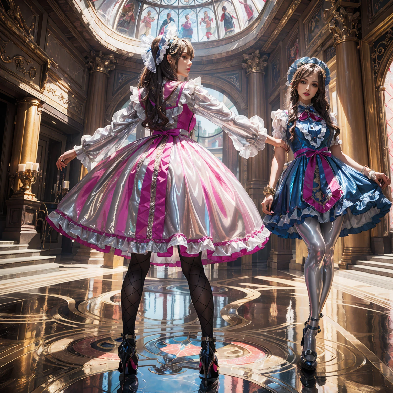 Model figure, long-legged woman, A woman in a luxurious and elaborate lolita dress, wearing lolita mary jane shoes with ornate details, patterned tights, (Glossy Reflecting collection), (Glossy Reflecting collection), (Oily shiny)), (Metallic clothes), (Metallic dress), (Metallic tights):1.2)，standing on a snowy mountain, with reflective skin and reflective clothing, venusbody, full body shot, ray tracing, reflection light, chiaroscuro, UHD, masterpiece, anatomically correct, textured skin, super detail, high quality, 4K, highres