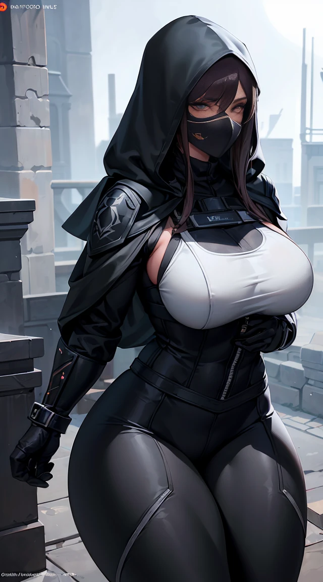 a sexy athletic woman in a white bra, tactical vest, leggings, black boots, hooded cloak, mask, detailed face, beautiful eyes, long eyelashes, detailed lips, detailed muscular body, large breasts, thick thighs, cinematic lighting, dramatic shadows, photorealistic, 8k, high quality, digital art, concept art