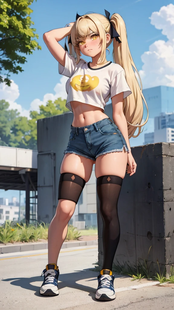 1girl, solo, long hair, breasts, looking at viewer, blush, bangs, shirt, twintails, very long hair, hair ribbon, (yellow eyes:1.3), low twintails, thighhighs, navel, closed mouth, standing, full body, white shirt, short sleeves, thighs, outdoors, shoes, shorts, day, hairclip, midriff, black thighhighs, stomach, arm up, crop top, short shorts, white footwear, denim, sneakers, blue shorts, denim shorts, hand on own head, crop top overhang, cutoffs