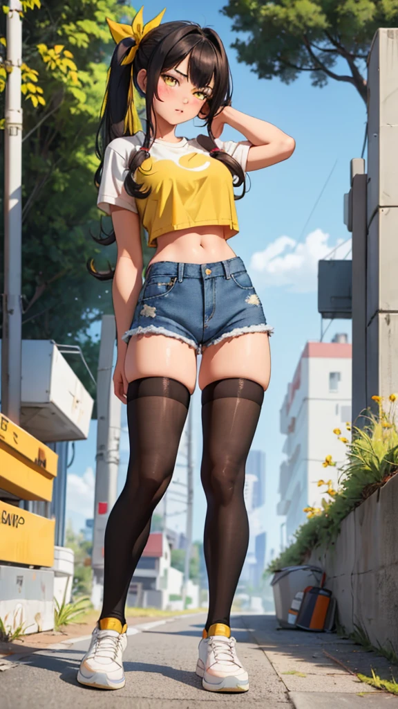 1girl, solo, long hair, breasts, looking at viewer, blush, bangs, shirt, twintails, very long hair, hair ribbon, (yellow eyes:1.3), low twintails, thighhighs, navel, closed mouth, standing, full body, white shirt, short sleeves, thighs, outdoors, shoes, shorts, day, hairclip, midriff, black thighhighs, stomach, arm up, crop top, short shorts, white footwear, denim, sneakers, blue shorts, denim shorts, hand on own head, crop top overhang, cutoffs