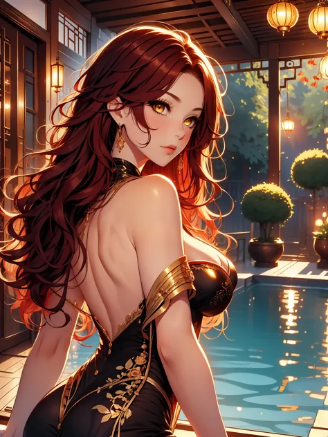 beautiful, mark, queen mark, black dress, deep cleavage, wavy red hair, golden eyes, good, pool curtain, sexy, sensual, looking ...