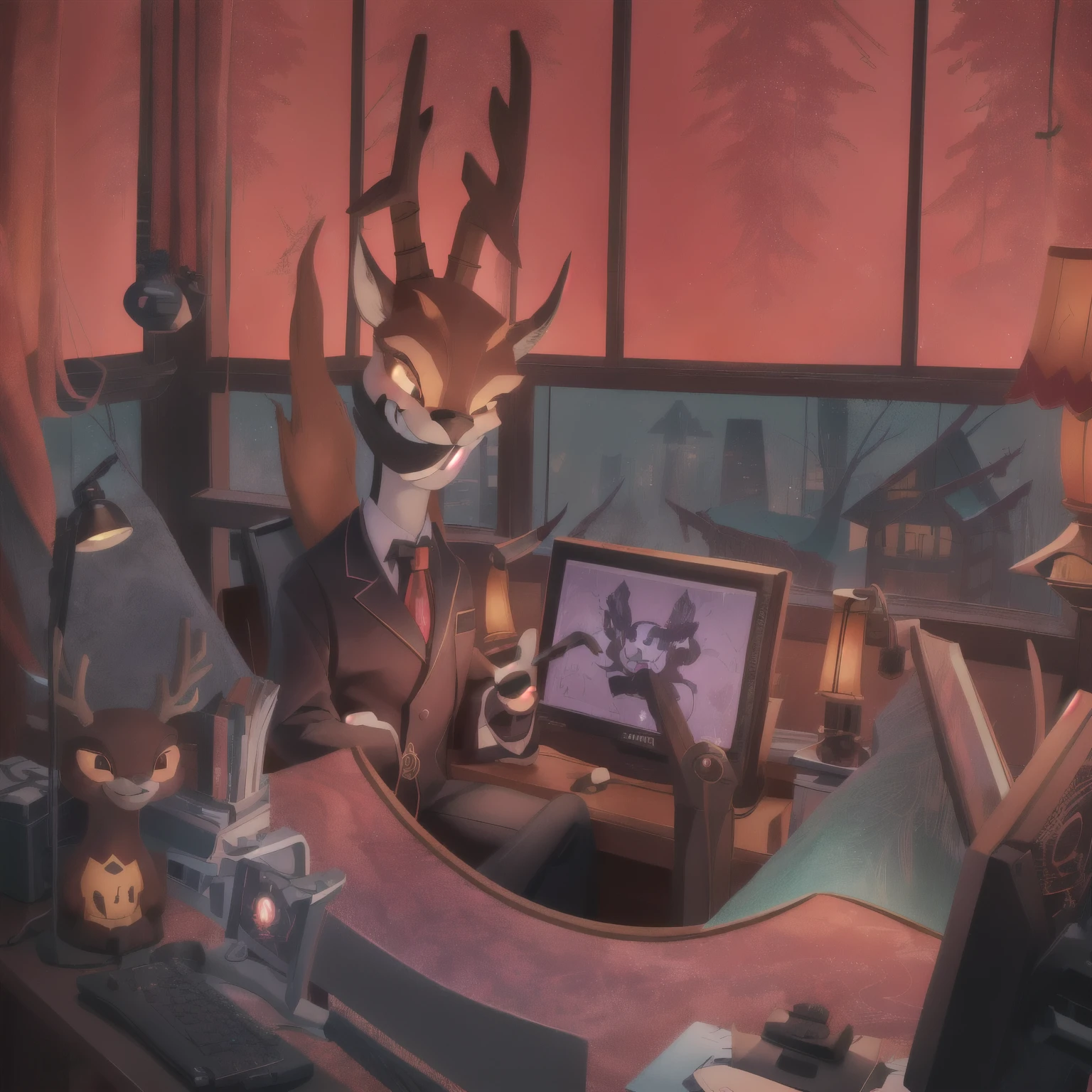 cartoon deer sitting at a desk with a computer and a lamp, grinning sinisterly, nefarious smirk, official art, unsettling grin, background art, [[[[grinning evily]]]], foxy, commission art, sinister pose, commission for high res, crimson themed, official fanart, !anthropomorphic!