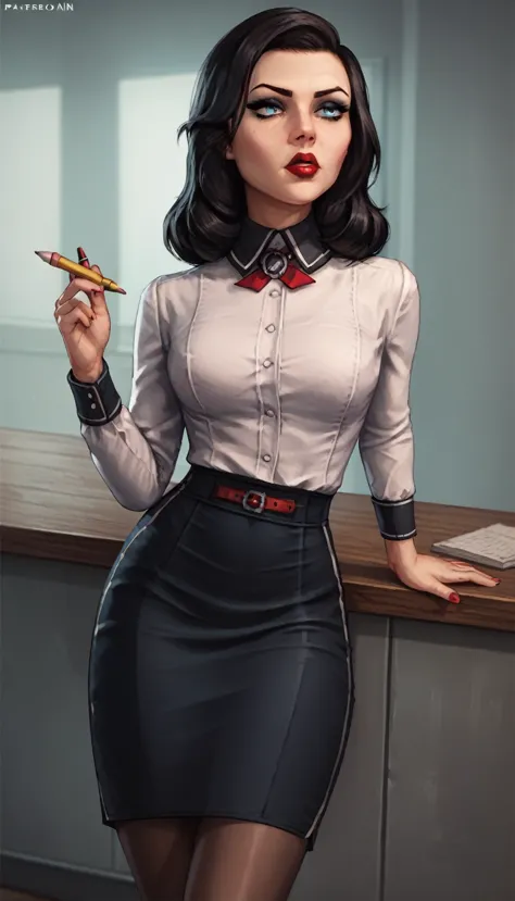 3l1z4b3th_bas, black hair, blue eyes, white shirt, pencil skirt, red lipstick, makeup, pantyhose