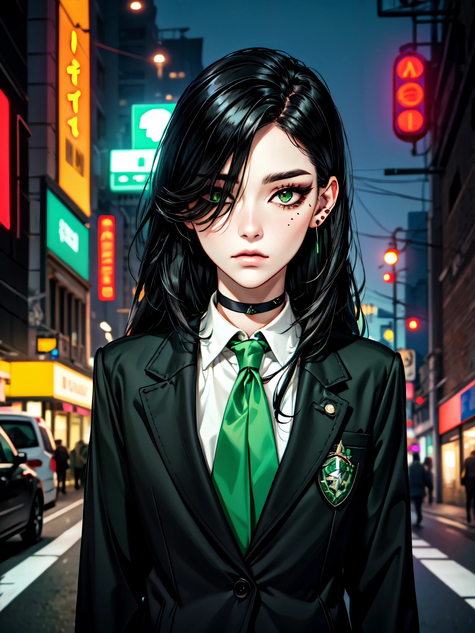 1girl, ((hair over eye)), (tight black lace blazer), black tie, ((long hair)), ((straight hair)), (((black hair))), side swept bangs, white skin, pale, white, (green eye), tired expression, choker, ((dark makeup, mascara, eyeshadow)), (mole under eye), multiple piercings, best quality, 8k, cyberpunk city, neon streets, white shirt, erotic, slytherin