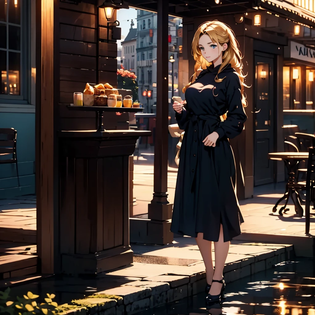 detailed, ultra detailed, beautiful, FHD, landscape photo, woman, in the city, in the cafe, at dusk, with rain, beautiful, cel anime, full body shot, golden hour