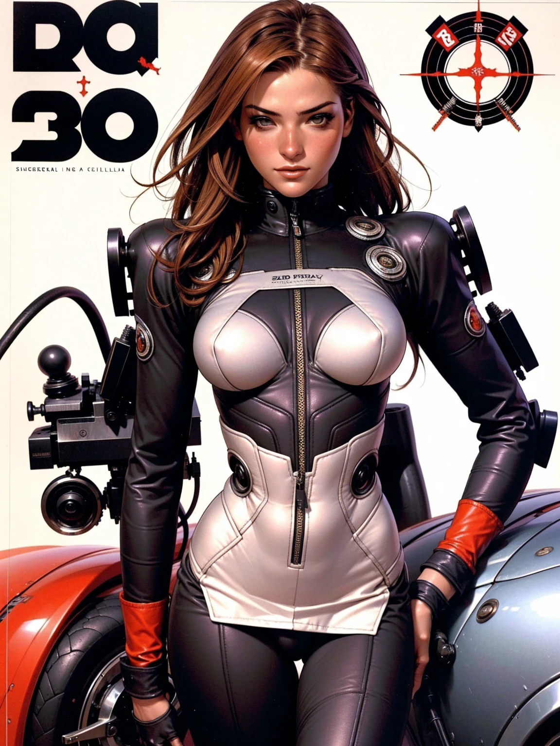 Uma motoqueira mulher de 20 anos quase nua no estilo Simon Bisley para a capa da revista Heavy Metal, cabelo bob loiro, sardas, Roupas mínimas, Roupas curtas, (((Biker suit))), corpo perfeito com cintura fina e medidas corporais de modelo, (((Gisele Bündchen))), (((cinta-liga larga e meias 3/4))), (((espartilho com padrão quadriculado grande preto e branco como uma bandeira de chegada nas corridas)))