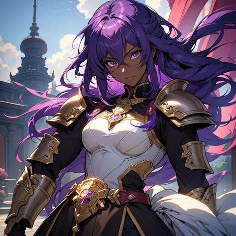 shortcuts、an anime character in sexy armor having a photo shoot, (brown skin、dark skin：1.5), （purple hair：1.5）、anime goddess, po...