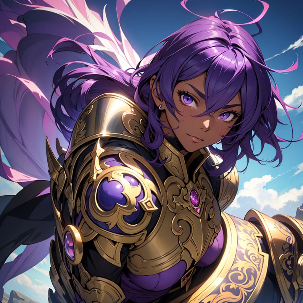 Shortcuts、An anime character in sexy armor having a photo shoot, (Brown Skin、Dark Skin：1.5), （Purple Hair：1.5）、Anime Goddess, Portrait of a female knight of the zodiac, Highly detailed art gems, Fascinating anime, Art Station pixiv&#39;s artgerm, Beautiful and attractive anime woman, 8K high quality, detailed art, Detailed digital anime art, 2. 5d cgi anime fantasy artwork, Beautiful Goddess、（1 woman、solo、The whole body is shown：1.6）、（I am 26 years old.）、Large Breasts