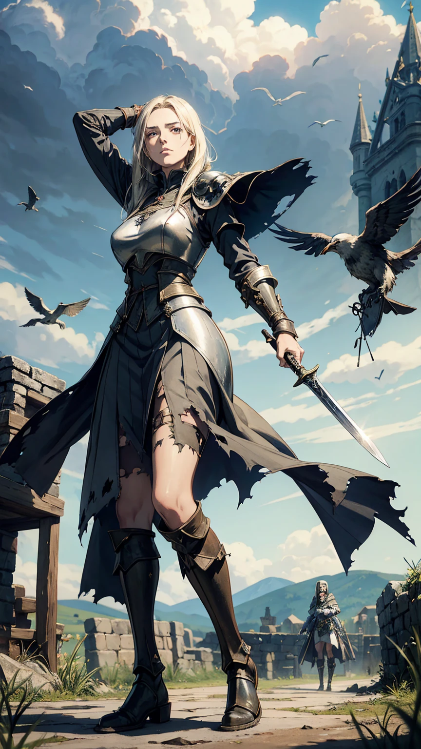 A woman in medieval armor, Medieval helmet, torn cloak, long iron boots, several skulls around the woman, several birds flying next to the woman, Raby, Cloudy weather, medieval times, karo, She is facing forward, wielding her garden sword with one hand., one of your legs is in front of the other