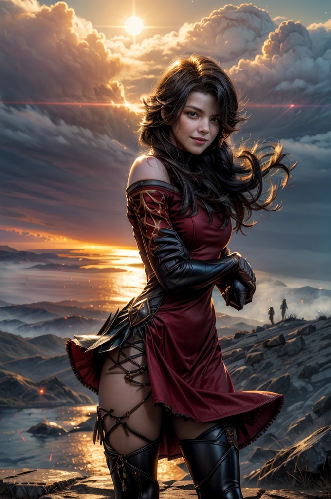 (masterpiece, best quality:1.2), cowboy shot, solo, 1girl, cinder fall, smiling, looking at viewer, long hair,  red dress, elbow gloves, pantyhose, standing on hillside, overlooking burning city, (volumetric lighting), sharp focus, hyper detailed 