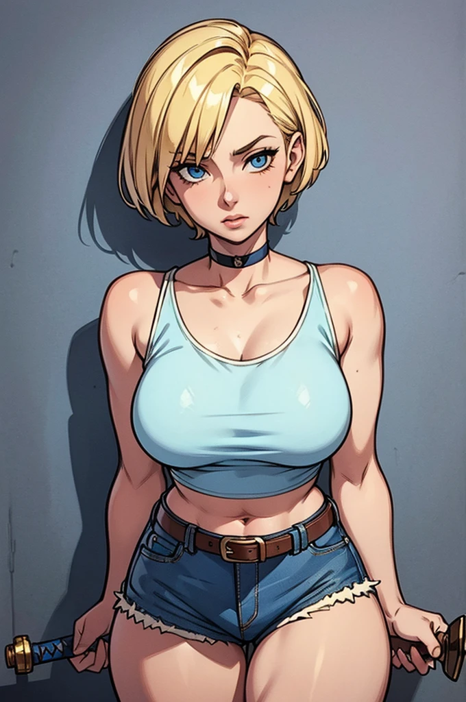 Blonde girl with short hair, blue eyes, angle from bottom to top, girl wearing short denim shorts, wearing a blue cropped top with white details, thick thighs Wearing belts across the shoulders and collarbones, with a sword on the back