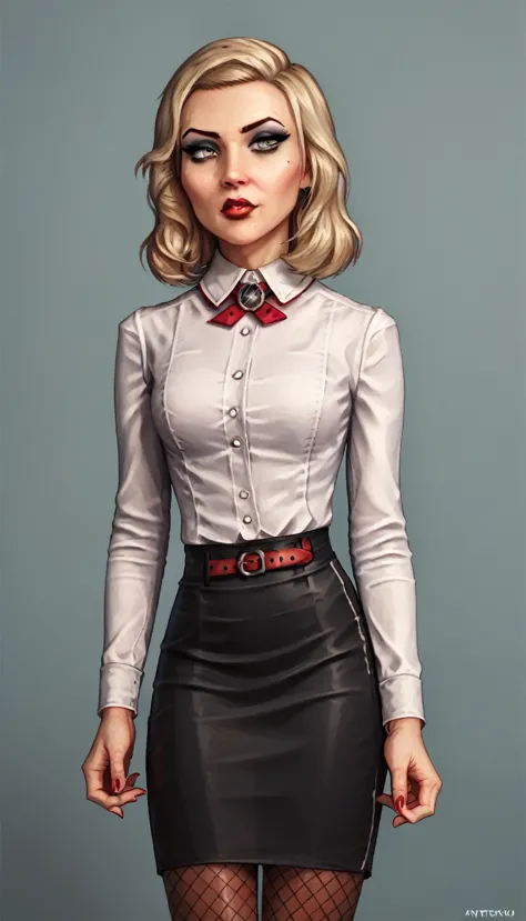 3l1z4b3th_bas, headless, white shirt, black pencil skirt, red lipstick, makeup, pantyhose, belt, fishnet pattern pantyhose