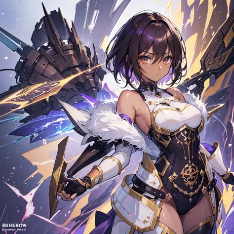 （short cuts hair:1.5)、an anime character in sexy armor having a photo shoot, (brown skin, dark skin:1.6), （purple hair：1.5）、anim...