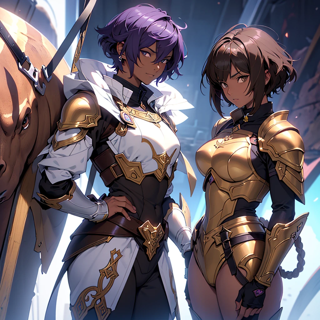 （Short cuts hair:1.5)、An anime character in sexy armor having a photo shoot, (Brown Skin, Dark Skin:1.6), （Purple Hair：1.5）、Anime Goddess, Portrait of a female knight of the zodiac, Highly detailed art gems, Fascinating anime, Art Station pixiv&#39;s artgerm, Beautiful and attractive anime woman, 8K high quality, detailed art, Detailed digital anime art, 2. 5d cgi anime fantasy artwork, Beautiful Goddess、（1 woman, solo, The whole body is shown:1.6）、（I am 26 years old.）、Large Breasts