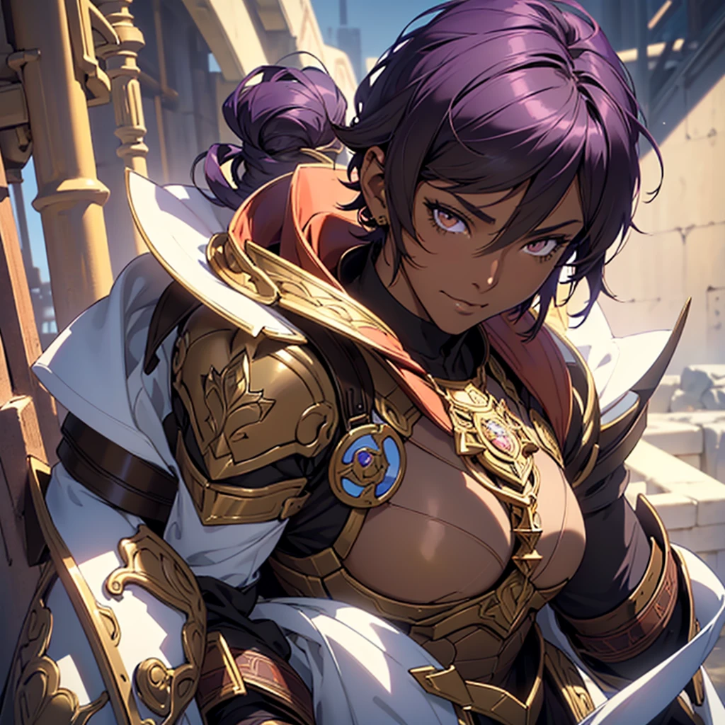 （Short cuts hair:1.5)、An anime character in sexy armor having a photo shoot, (Brown Skin, Dark Skin:1.6), （Purple Hair：1.5）、Anime Goddess, Portrait of a female knight of the zodiac, Highly detailed art gems, Fascinating anime, Art Station pixiv&#39;s artgerm, Beautiful and attractive anime woman, 8K high quality, detailed art, Detailed digital anime art, 2. 5d cgi anime fantasy artwork, Beautiful Goddess、（1 woman, solo, The whole body is shown:1.6）、（I am 26 years old.）、Large Breasts