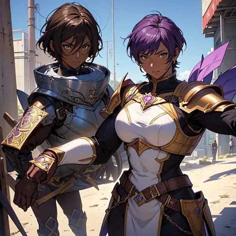 （short cuts hair:1.5)、an anime character in sexy armor having a photo shoot, (brown skin, dark skin:1.6), （purple hair：1.5）、anim...