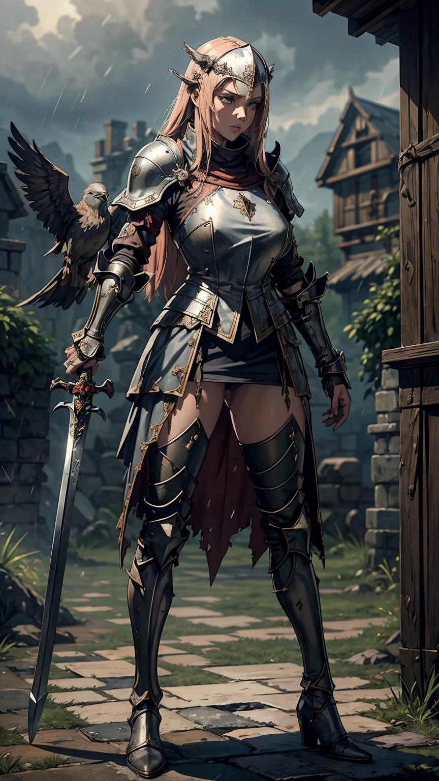 A woman in medieval armor, medieval helmet, torn cloak, long iron boots, several skulls around the woman, several birds flying next to the woman, rain, cloudy weather, medieval times, war, she is facing forward holding her garden sword in one hand, one of her legs is in front of the other, She is stepping on people's corpses, several bones lying on the ground, blood all over her body, rain, fog, night, bad weather, several swords held on the ground, several people fighting, Thick thighs, long legs, big breasts, helmet covering her entire face