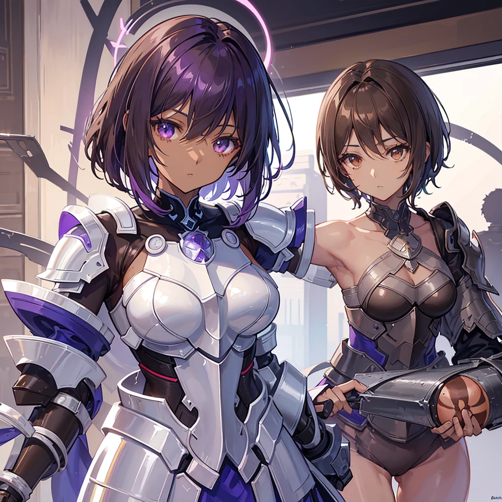 （Short cuts hair:1.5)、An anime character in sexy armor having a photo shoot, (Brown Skin, Dark Skin:1.6), （Purple Hair：1.5）、Anime Goddess, Portrait of a female knight of the zodiac, Highly detailed art gems, Fascinating anime, Art Station pixiv&#39;s artgerm, Beautiful and attractive anime woman, 8K high quality, detailed art, Detailed digital anime art, 2. 5d cgi anime fantasy artwork, Beautiful Goddess、（1 woman, solo, The whole body is shown:1.6）、（I am 26 years old.）、Large Breasts