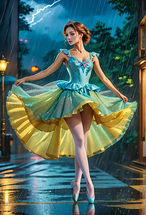 a portrait of female classical ballet prima ballerina dancing in the rain, a full body picture ((anatomically correct: 1.5)) of ...