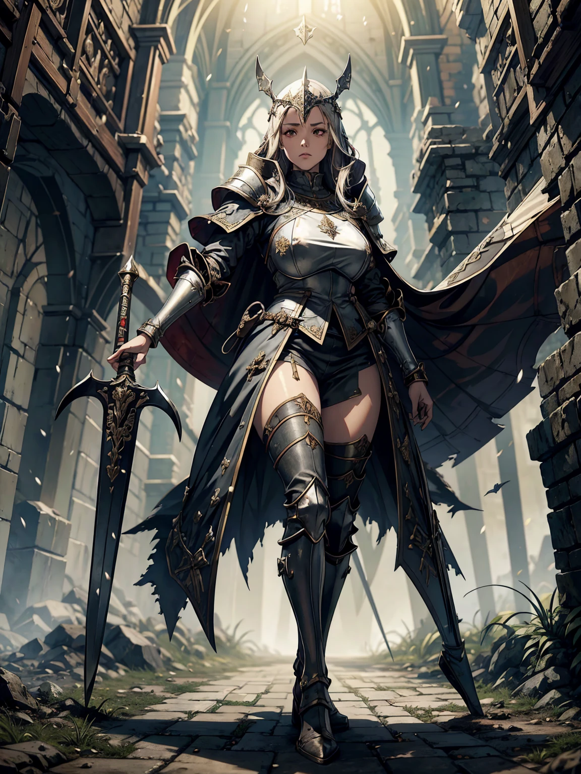 A woman in medieval armor, medieval helmet, torn cloak, long iron boots, several skulls around the woman, several birds flying next to the woman, rain, cloudy weather, medieval times, war, she is facing forward holding her garden sword in one hand, one of her legs is in front of the other, She is stepping on people's corpses, several bones lying on the ground, blood all over her body, rain, fog, night, bad weather, several swords held on the ground, several people fighting, Thick thighs, long legs, big breasts, helmet covering her entire face