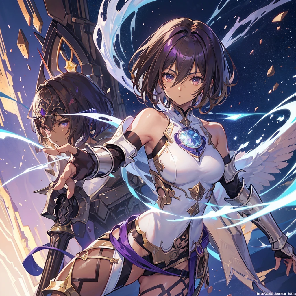 （Short cuts hair:1.5)、An anime character in sexy armor having a photo shoot, (Brown Skin, Dark Skin:1.6), （Purple Hair：1.5）、Anime Goddess, Portrait of a female knight of the zodiac, Highly detailed art gems, Fascinating anime, Art Station pixiv&#39;s artgerm, Beautiful and attractive anime woman, 8K high quality, detailed art, Detailed digital anime art, 2. 5d cgi anime fantasy artwork, Beautiful Goddess、（1 woman, solo, The whole body is shown:1.6）、（I am 26 years old.）、Large Breasts, A woman holds a shield and a spear, (Medieval Armor, Armor of Fantasy:1.3)