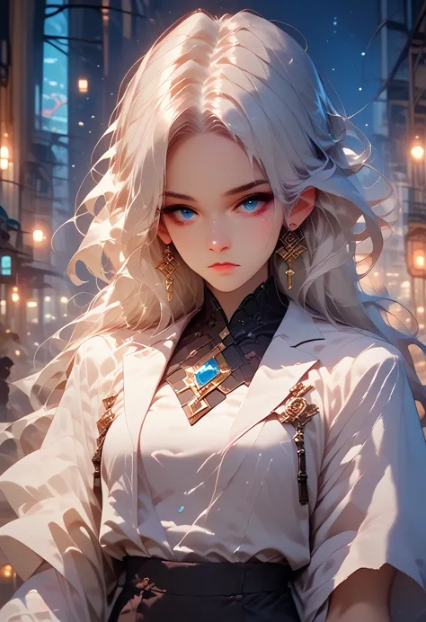 a woman with long white hair and blue eyes wearing a white suit turns her back in the middle of the city at night.