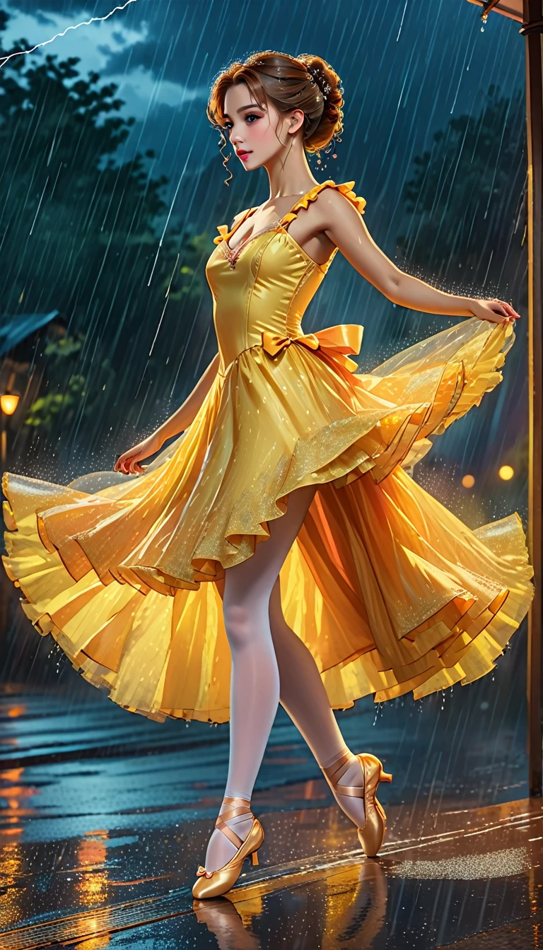 a portrait of female classical ballet prima ballerina dancing in the rain, a full body picture ((anatomically correct: 1.5)) of a exquisite beautiful female dancer wearing silk evening dress, intricate dress dynamic hair color, dynamic hair style, dynamic skin complexion, wearing ballet shoes, wearing thigh highs, ((she is standing in the middle of the rain storm: 1.5)),  she is wet, yet enjoys the dance in the rain, cloudy night, lightning storm, dynamic background, vibrant, Ultra-high resolution, High Contrast, (masterpiece:1.5), highest quality, Best aesthetics), best details, best quality, highres, 16k, (ultra detailed: 1.5), masterpiece, best quality, (extremely detailed) RAW, (ultra details, Masterpiece, best quality), Cinematic Hollywood Film, artxldnc, princess dress,looking at the viewer