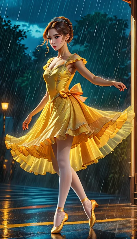 a portrait of female classical ballet prima ballerina dancing in the rain, a full body picture ((anatomically correct: 1.5)) of ...