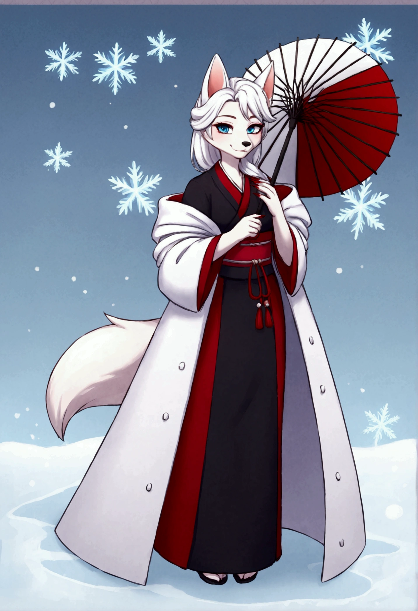 art of an adult female humanoid fox character, showing the whole body, holding a japanese umbrella, with a long animalistic snout, white coat with snowflakes highlighting, Eyes red, long  white hair, big pointed nails painted red, wearing a black kimono, furry white fox ears, on a surface with slightly frozen crystal clear water.