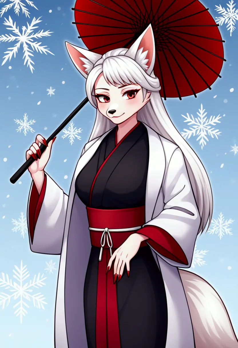 art of an adult female humanoid fox character, showing the whole body, holding a japanese umbrella, with a long animalistic snou...