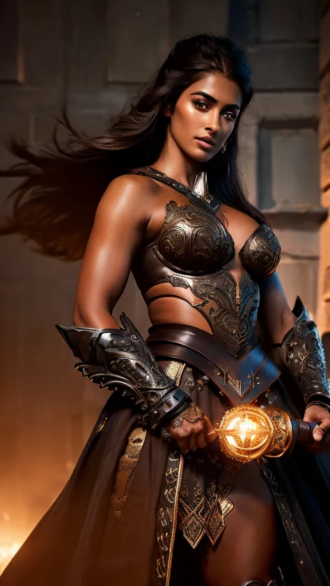 "erotic high quality close-up  shot of pooja hegde as a powerful warrior woman, dark and atmospheric setting, confrontational an...