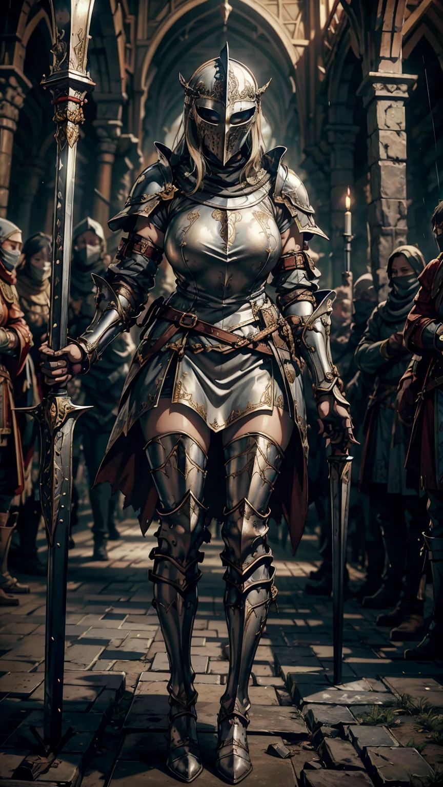 A woman in medieval armor, medieval helmet, torn cloak, long iron boots, several skulls around the woman, several birds flying next to the woman, rain, cloudy weather, medieval times, war, she is facing forward holding her garden sword in one hand, one of her legs is in front of the other, She is stepping on people's corpses, several bones lying on the ground, blood all over her body, rain, fog, night, bad weather, several swords held on the ground, several people fighting, Thick thighs, long legs, big breasts, helmet covering her entire face, Medieval full face mask , medieval mask covering his face, Thick legs, long legs, big ass, giant ass, huge breasts