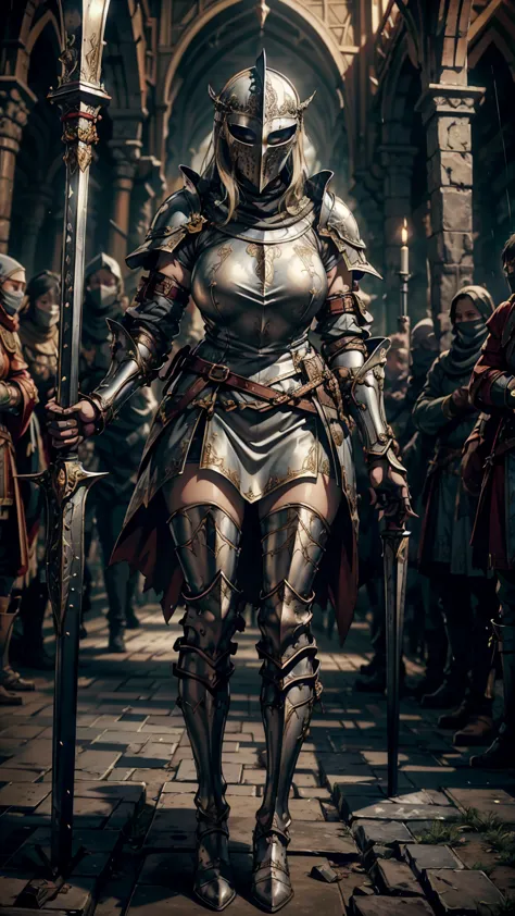 a woman in medieval armor, medieval helmet, torn cloak, long iron boots, several skulls around the woman, several birds flying n...