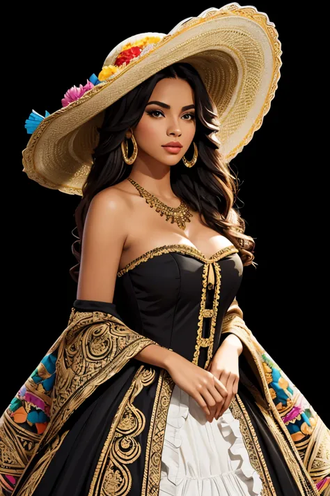 stylized real still showing a beautiful, gorgeous woman with long, wavy hair, wearing a large, ornate mariachi hat. the hat is b...