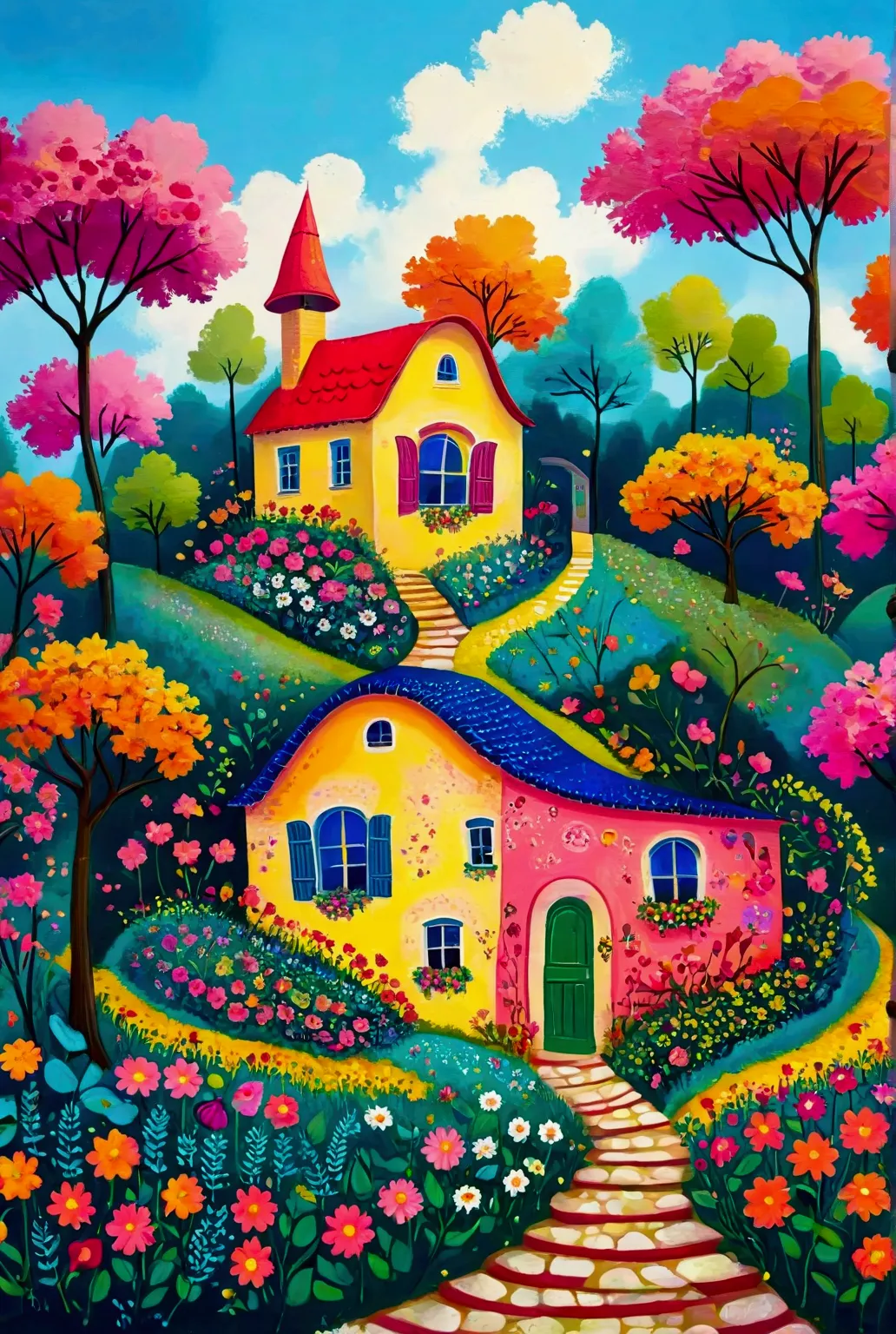 painting of a house in a colorful garden with trees and flowers, full of colour w 1024, whimsical art, flowery cottage, full of ...