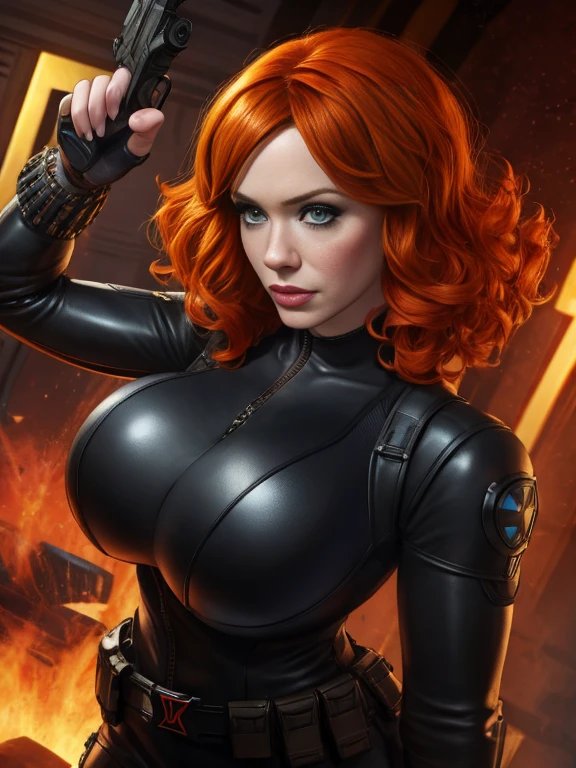 Christina Hendricks as the character Natasha Romanoff/Black Widow from the Marvel Cinematic Universe, 48 years old, pale skin, short wavy hairstyle, orange hair color, big breasts, huge bust. In tight black leather suit, metallic armlets, gun holsters and metallic utility belt. Dynamic pose, action pose, in a fighting position. Mysterious spy, member of the Avengers, 4k rendering, Marvel comics digital art, Marvel Cinematic Universe concept art, 4K Wallpaper, MCU character, epic Avengers character art, HQ 4K Wallpaper
