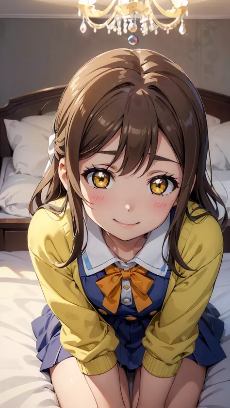 hanamaru kunikida, long hair, bangs, brown hair, (yellow eyes:1.3),
long sleeves, bow, school uniform, serafuku, bowtie, cardiga...