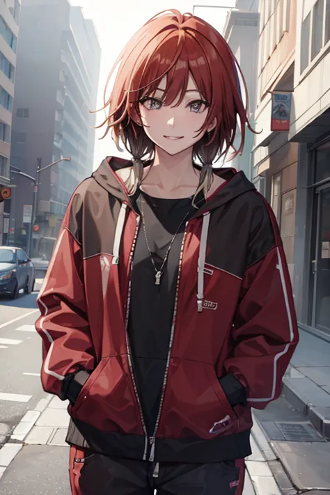 one person, solo, high resolution, chest, smile, hoodie,street fashion