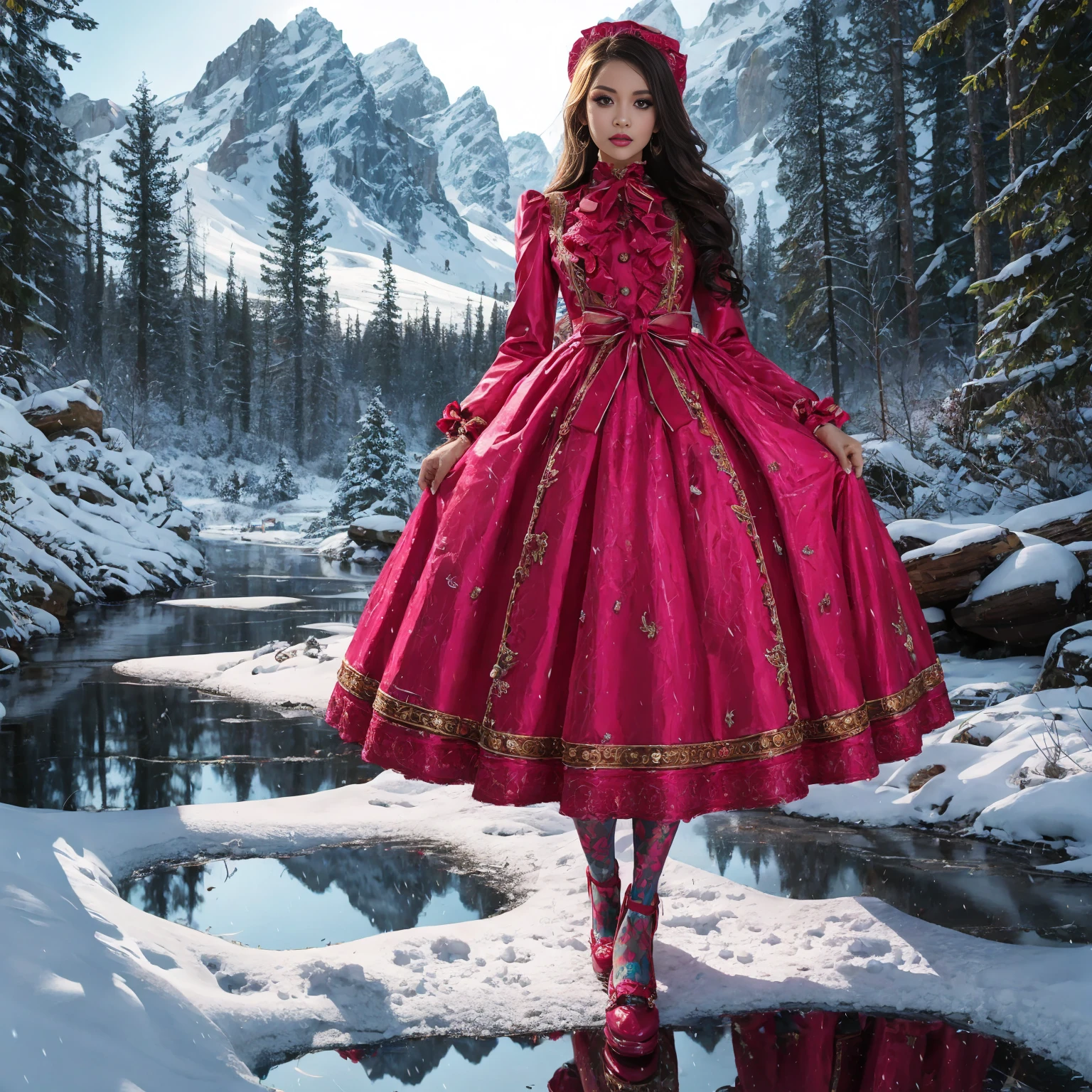 Model figure, long-legged woman, A woman in a luxurious and elaborate lolita dress, wearing lolita mary jane shoes with ornate details, patterned tights, standing on a snowy mountain, with reflective skin and reflective clothing, venusbody, full body shot, ray tracing, reflection light, chiaroscuro, UHD, masterpiece, anatomically correct, textured skin, super detail, high quality, 4K, highres