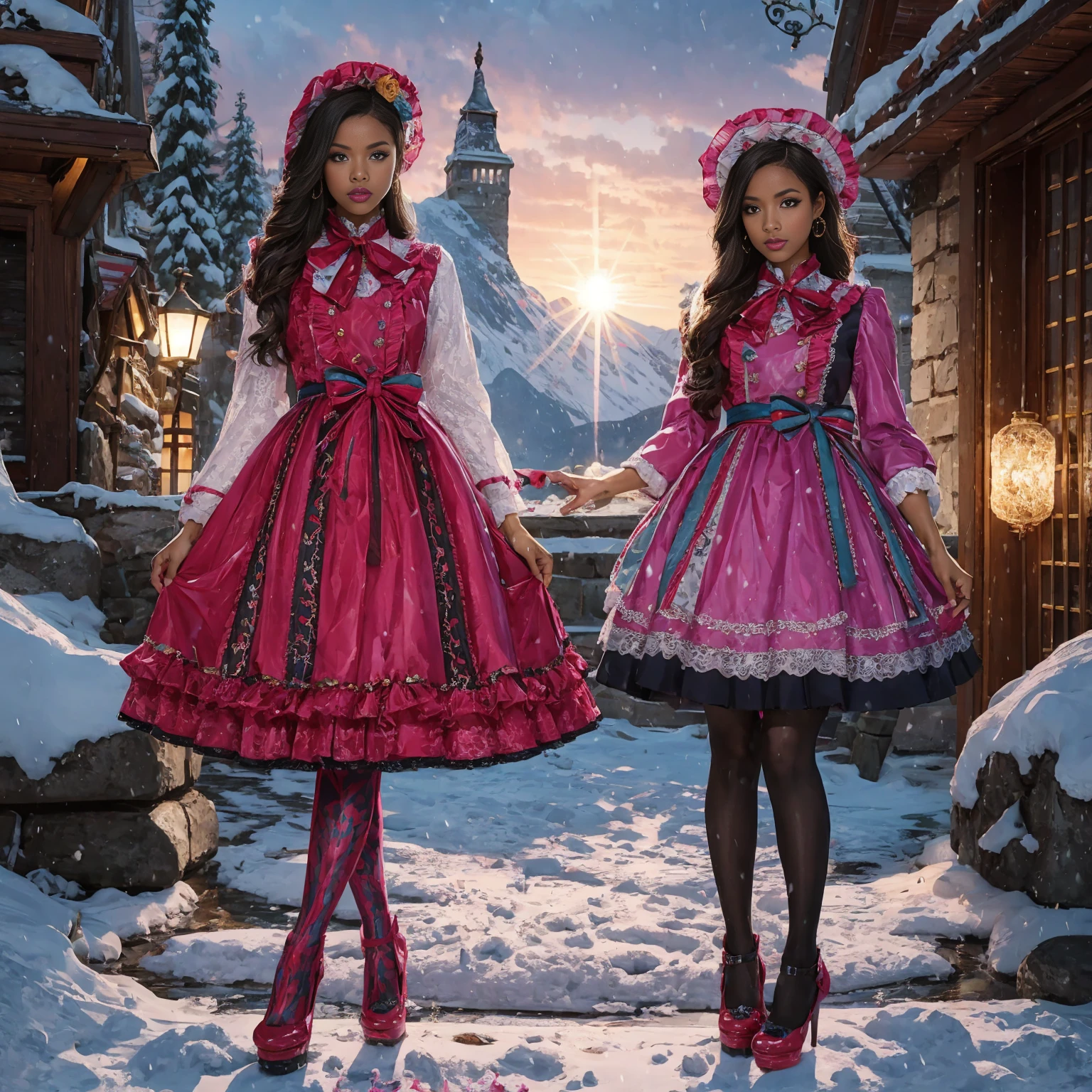 Model figure, long-legged woman, A woman in a luxurious and elaborate lolita dress, wearing lolita mary jane shoes with ornate details, patterned tights, standing on a snowy mountain, with reflective skin and reflective clothing, venusbody, full body shot, ray tracing, reflection light, chiaroscuro, UHD, masterpiece, anatomically correct, textured skin, super detail, high quality, 4K, highres