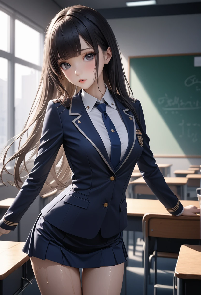 best quality, masterpiece, high resolution,cowboy shot,1woman,25 year old beauty,black hair,long hair,blunt bangs,black eyes,gorgeous eyes,shy,Academy服、Navy blue tie、Dark blue blazer jacket,Navy blue mini skirt、medium breasts, skinny,slender body,lifelike,Side lighting,  (oily skin:1.2), 8K Ultra HD, Soft Light, high quality,photography, high resolution, 8K,classroom、Academy、