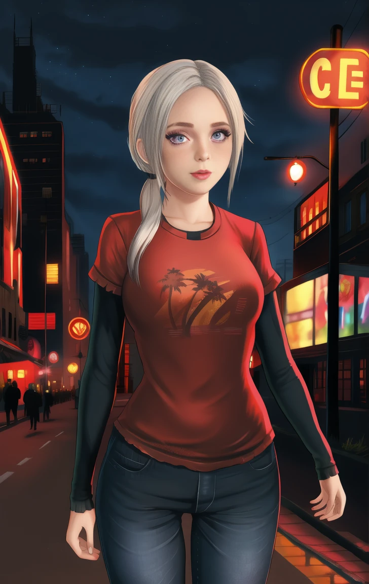 red shirt, long sleeves, standing, twintails, neon lights, night, looking at viewer, large breasts, blue jeans, solo, edelgardacademy, white hair, purple eyes, elliet1