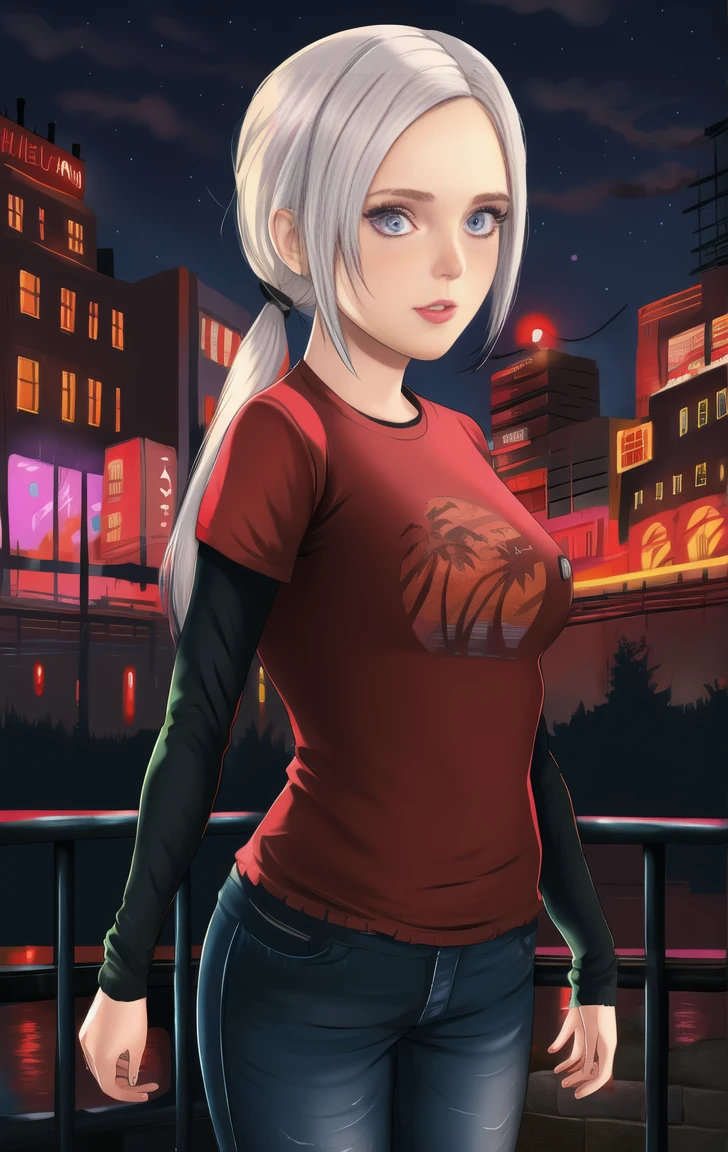 red shirt, long sleeves, standing, twintails, neon lights, night, looking at viewer, large breasts, blue jeans, solo, edelgardacademy, white hair, purple eyes, elliet1