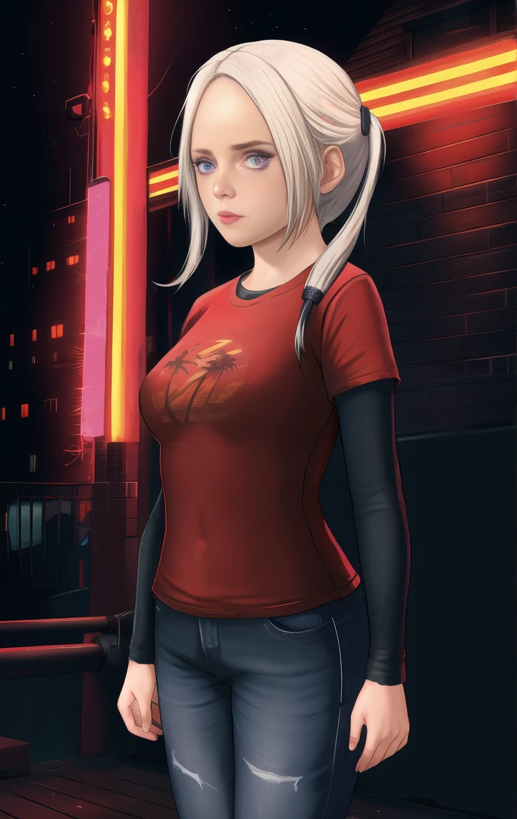 red shirt, long sleeves, standing, twintails, neon lights, night, looking at viewer, large breasts, blue jeans, solo, edelgardacademy, white hair, purple eyes, elliet1