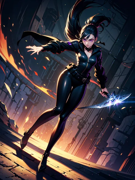 (((masterpiece, best quality, high detailed, 16k))) (1girl) a mysterious rogue with short, jet-black hair and striking violet ey...